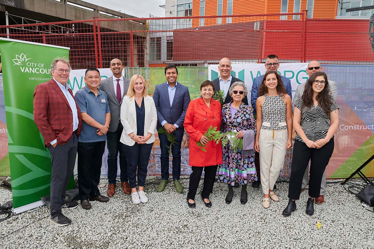 Ravi Kahlon, B.C.’s Minister of Housing; Joan Phillip, MLA for Vancouver-Mount Pleasant; Taleeb Noormohamed, MP for Vancouver Granville; Patty Hajdu, federal Minister of Indigenous Services; Pete Fry, deputy mayor, Vancouver; and Susan Tatoosh, executive director, Vancouver Aboriginal Friendship Centre (VAFCS), announced a combined investment of more than $97 million to fund the 248 new spaces.