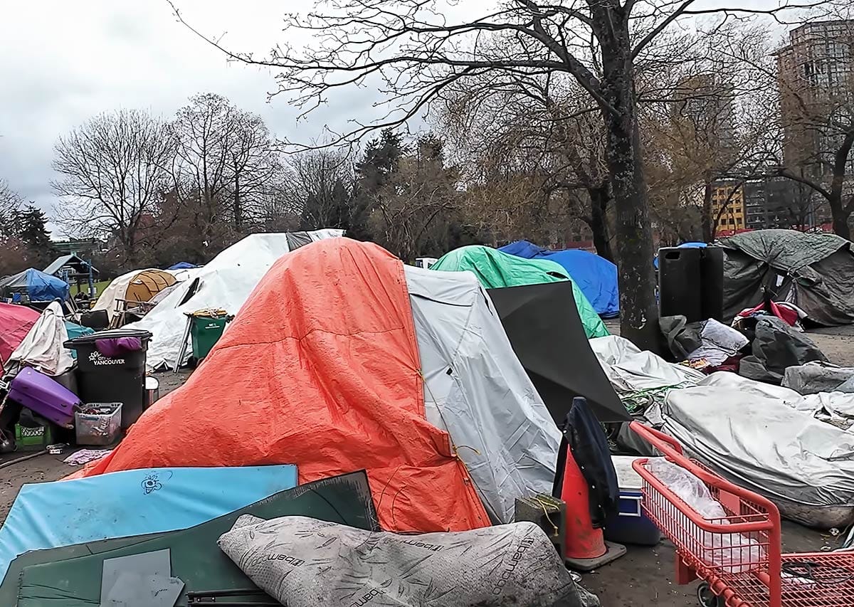 Picture showing conditions of people living in tents in the Crab Park located in Downtown Vancouver, British Columbia.
