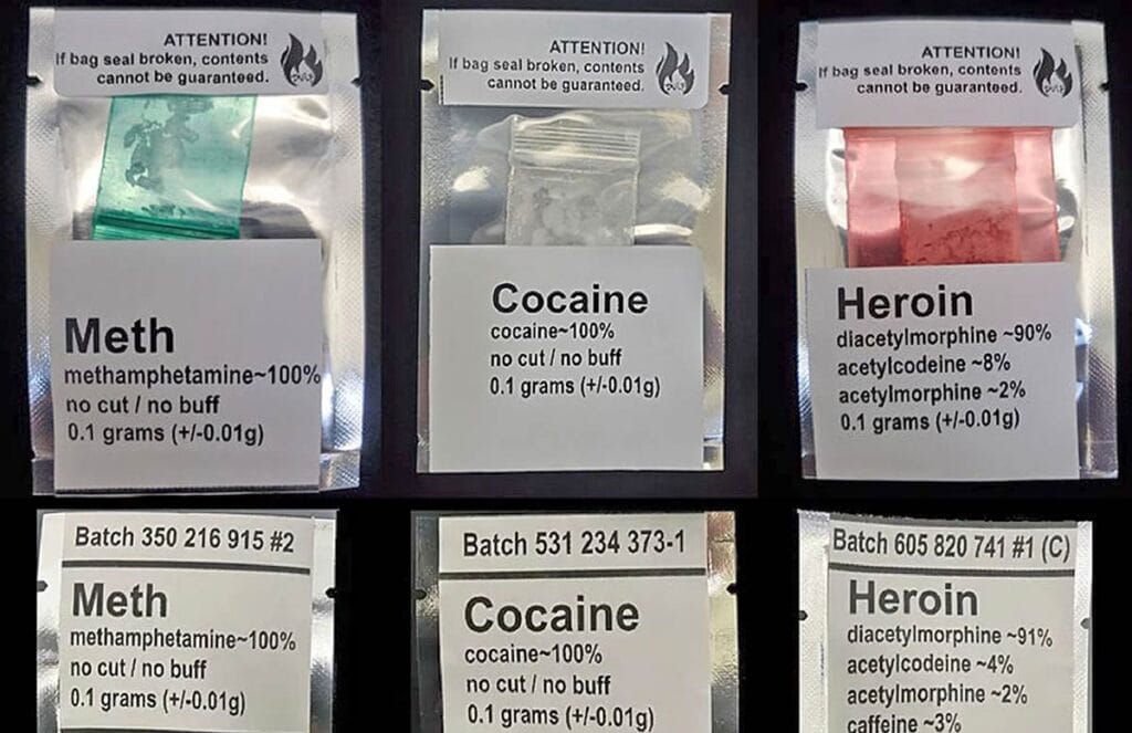 Pictured are safe, tested substances made available by DULF Program in Downtown Eastside Vancouver