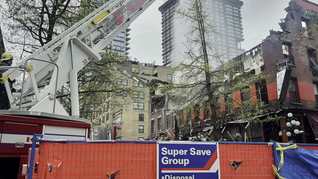 An image of demolition of what left from the Winters SRO Hotel in Downtown Eastside Vancouver after a deadly fire