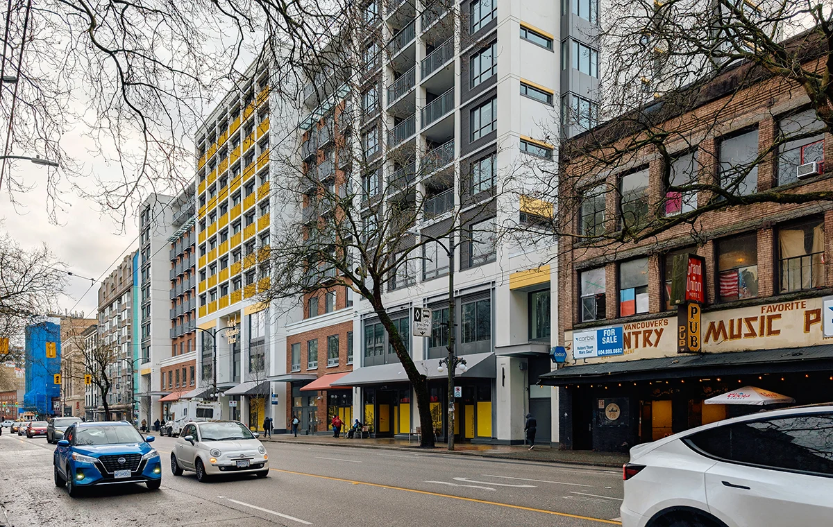 Photo of busy East Hastings Street in Downtown Eastside Vancouver