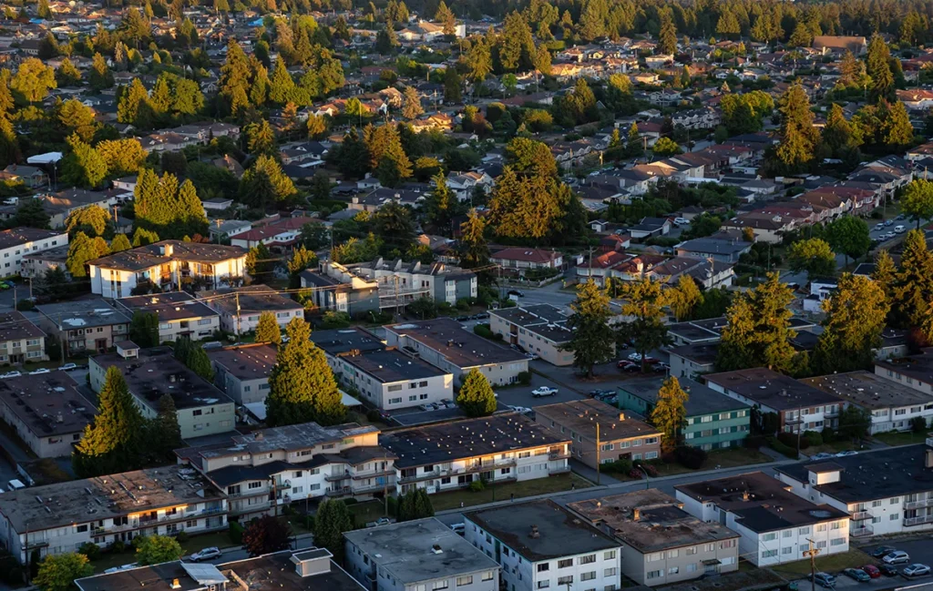 An aerial shot of aging housing infrastructure in East Vancouver, British Columbia.