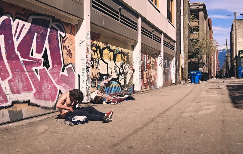 A picture of individuals in a back alley consuming drugs in distress
