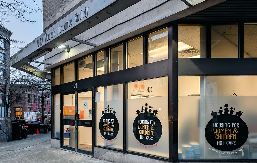 Street-level view of Atira Women's Resource Society's main office in Vancouver, highlighting their role in housing advocacy amidst recent legal and SRO controversies