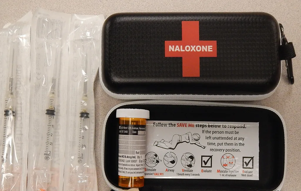 A neatly arranged set of naloxone kits, including vials, syringes, and nasal sprays, placed on a clean surface. Each kit features clear labeling and step-by-step usage instructions designed for quick emergency response during an opioid overdose.
